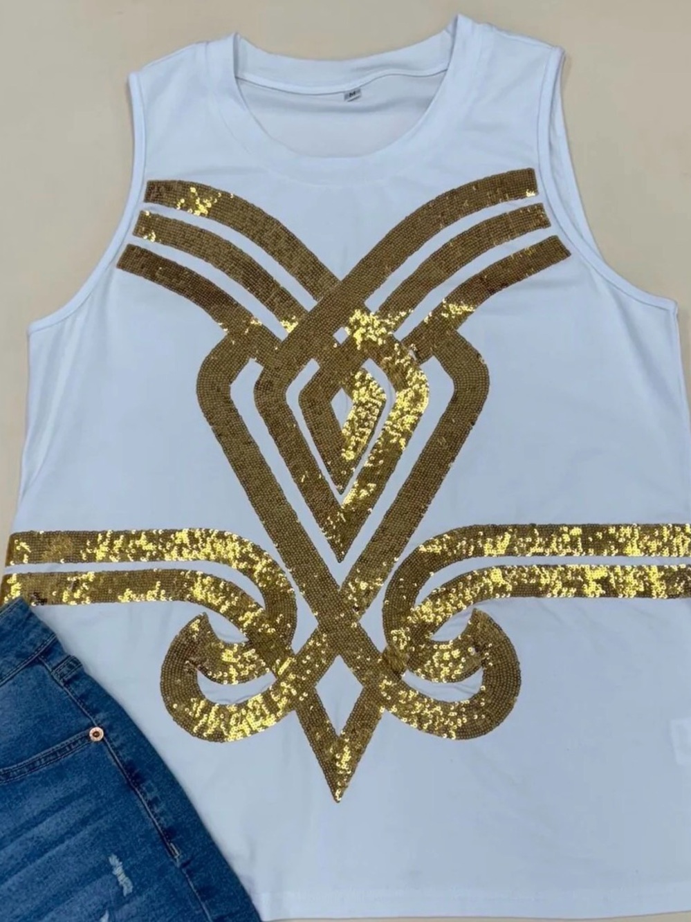 Gold Sequin Accent White Tank Top - Women